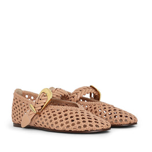 The Zimmermann Alchemy Ballerina features tan leather, braided weaving, pointed toes, gold hardware buckles, and a closed heel on a white background.