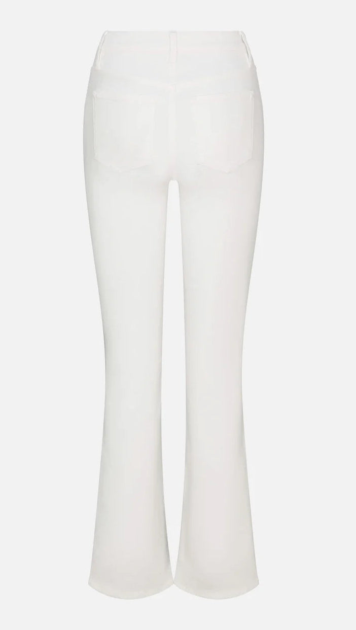 Back view of The Reboot by Frame: a full-length, high-rise bootcut jean in white super-stretch denim with two back pockets, set against a plain background.