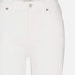 Close-up of The Reboot high-rise bootcut jeans by Frame, in white super-stretch denim with front pockets, belt loops, metallic button, zipper fly, and a visible Frame label inside the waistband.