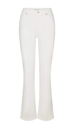 The Reboot by Frame: white full-length, high-rise bootcut jeans in super-stretch denim with front button and zip closure, two front and two back pockets, shown on a plain white background.