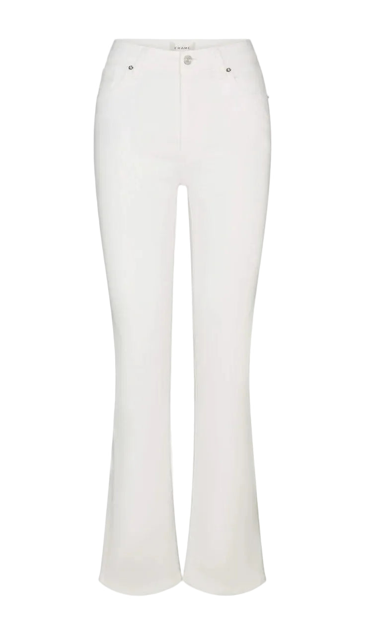 The Reboot by Frame: white full-length, high-rise bootcut jeans in super-stretch denim with front button and zip closure, two front and two back pockets, shown on a plain white background.