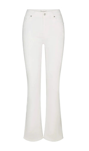 The Reboot by Frame: white full-length, high-rise bootcut jeans in super-stretch denim with front button and zip closure, two front and two back pockets, shown on a plain white background.