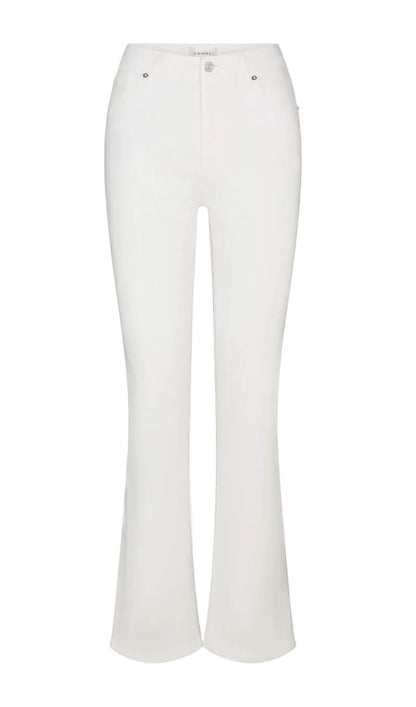 The Reboot by Frame: white full-length, high-rise bootcut jeans in super-stretch denim with front button and zip closure, two front and two back pockets, shown on a plain white background.
