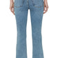Model wears The Reboot high-rise bootcut jeans by Frame in light blue super stretch denim, shown from the back with a full-length inseam and paired with a white short-sleeve top.