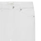 Close-up of the waistband and upper section of The Reboot Crop by Frame—a white denim jean featuring front pockets, a silver button, ultra-stretchy cotton blend fabric, and the "FRAME" label on the waistband.