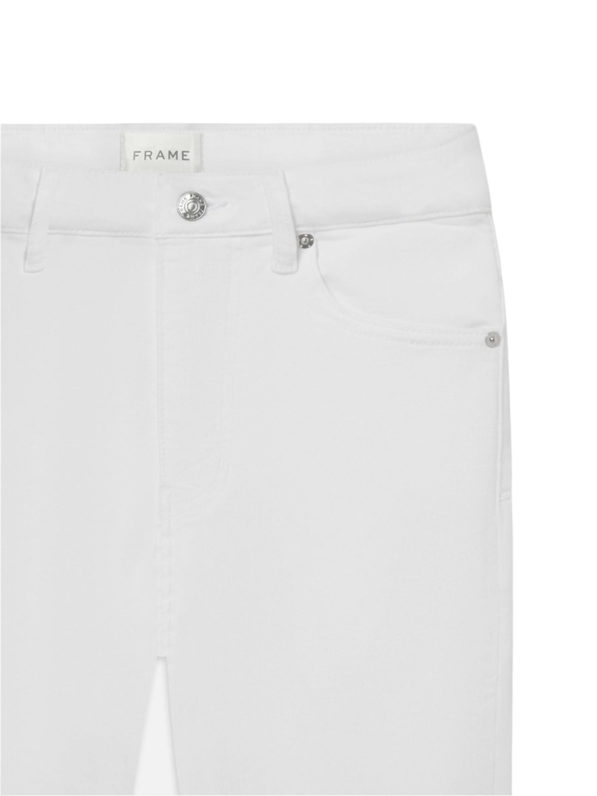 Close-up of the waistband and upper section of The Reboot Crop by Frame—a white denim jean featuring front pockets, a silver button, ultra-stretchy cotton blend fabric, and the "FRAME" label on the waistband.