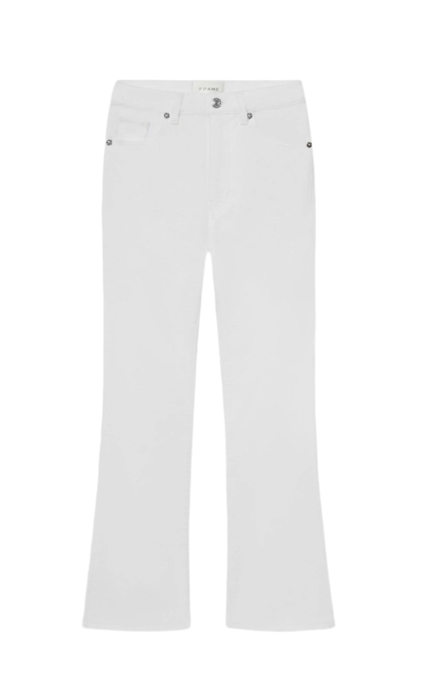 The Reboot Crop by Frame: white mid-rise bootcut jeans made from an ultra-stretchy cotton blend, shown on a plain white background.