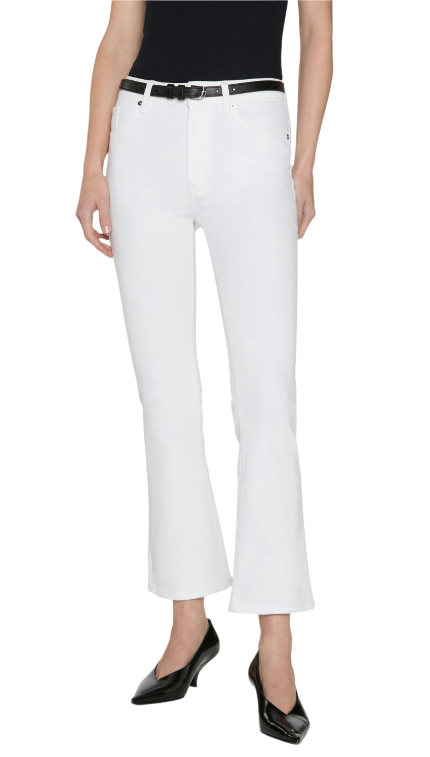 A person wearing a black sleeveless top, black belt, black pointed-toe heels, and FRAME's The Reboot Crop jeans in white with a cropped inseam, shown from shoulders to feet.