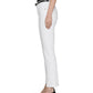 A person models Frame's The Reboot Crop ankle-length white straight-leg pants with a black sleeveless top, black belt, and black pointed-toe heels, standing in profile against a plain background.