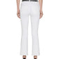 Model wearing The Reboot Crop by Frame—white ultra-stretch cropped bootcut jeans—paired with a black top and black heeled shoes, shown from the back.