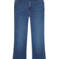 The Reboot Crop by Frame: blue denim jeans with a mid-rise waist, five pockets, cropped inseam, and a slight flare hem. Made from ultra-stretchy cotton blend and shown laid flat on a white background.