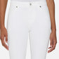 A model is shown from shoulders to mid-thigh, standing with arms relaxed at their sides against a plain background, wearing The Icon full-length flare white jeans by Frame and a white t-shirt.