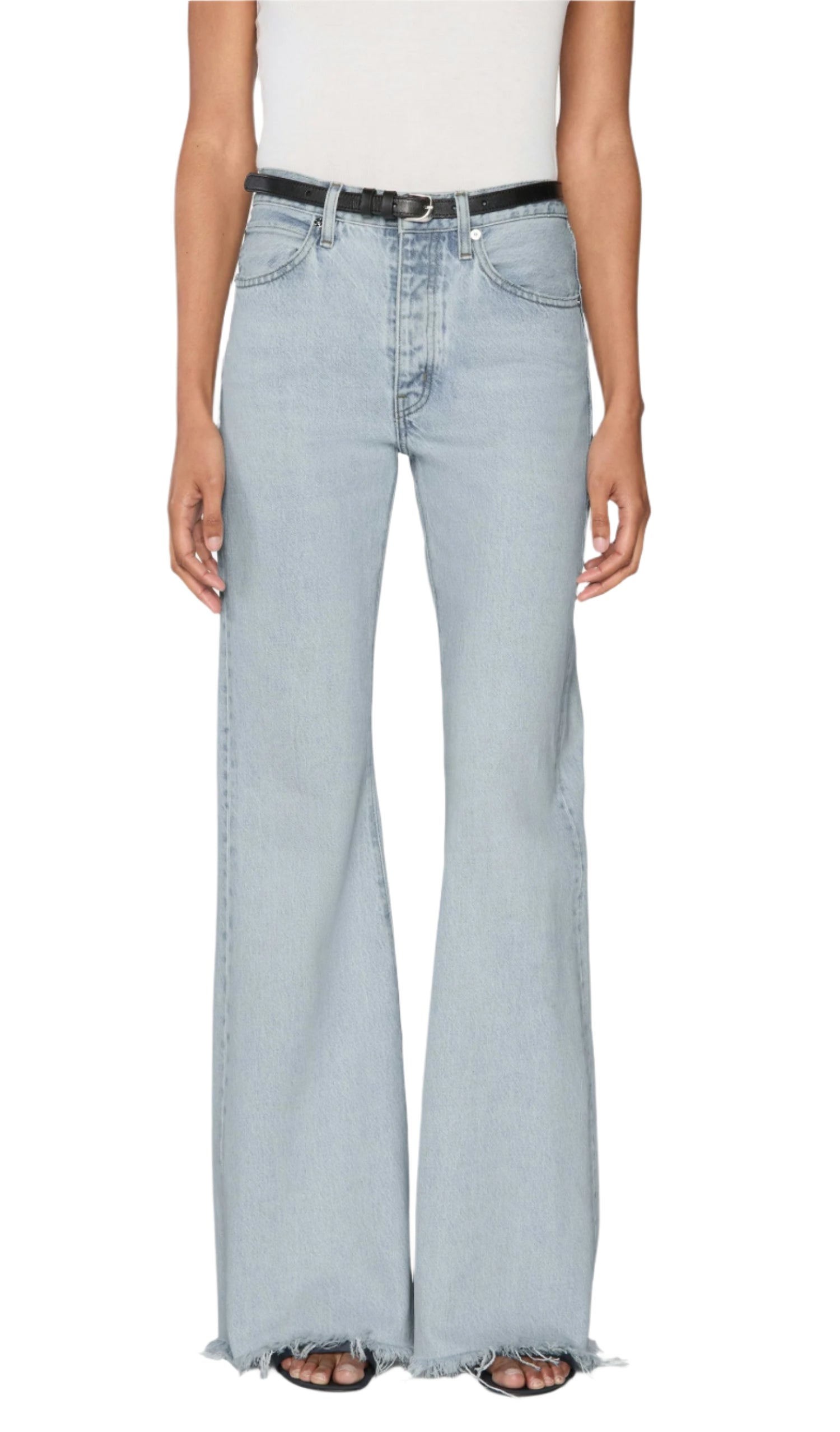 A person wearing The Lax high-waisted wide-leg flare jeans by Frame with frayed hems, styled with a black belt and white top for a vintage vibe.