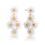 The Juliska Capucine De Wulf Mermaid Garden Floral Petite Post Drop Earrings feature delicate white floral clusters with gold centers in a vertical design—perfect statement earrings for any occasion.