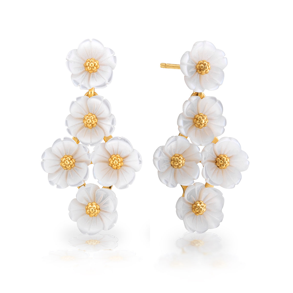 The Juliska Capucine De Wulf Mermaid Garden Floral Petite Post Drop Earrings feature delicate white floral clusters with gold centers in a vertical design—perfect statement earrings for any occasion.