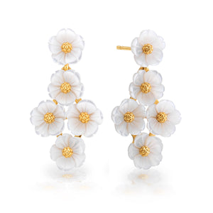 The Juliska Capucine De Wulf Mermaid Garden Floral Petite Post Drop Earrings feature delicate white floral clusters with gold centers in a vertical design—perfect statement earrings for any occasion.