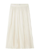 The CO Pleated Elastic Waist Skirt, a white midi skirt made from Japanese stretch crepe and featuring a minimalist elastic waistband, is showcased against a plain white background.