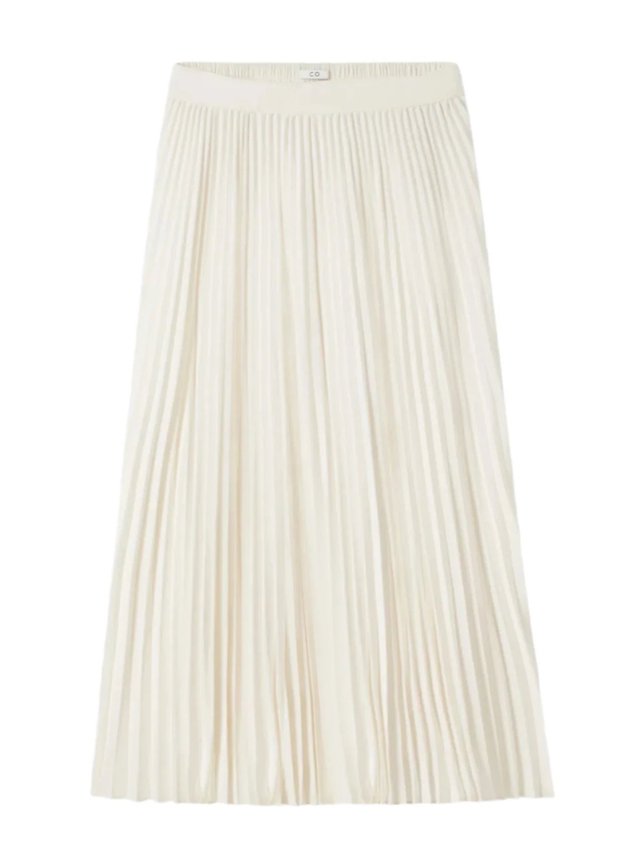 The CO Pleated Elastic Waist Skirt, a white midi skirt made from Japanese stretch crepe and featuring a minimalist elastic waistband, is showcased against a plain white background.