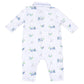 The Angel Dear Baby Boys' Polo Romper features long sleeves and a playful pattern of golf carts, golfers, and crossed golf clubs in blue and green.