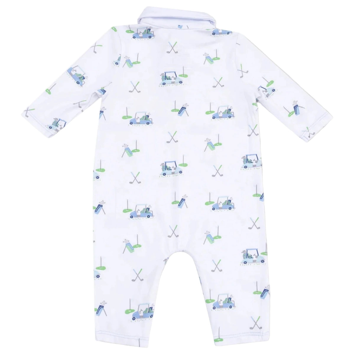The Angel Dear Baby Boys' Polo Romper features long sleeves and a playful pattern of golf carts, golfers, and crossed golf clubs in blue and green.