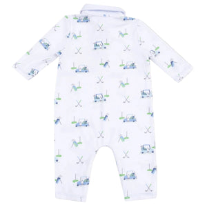 The Angel Dear Baby Boys' Polo Romper features long sleeves and a playful pattern of golf carts, golfers, and crossed golf clubs in blue and green.