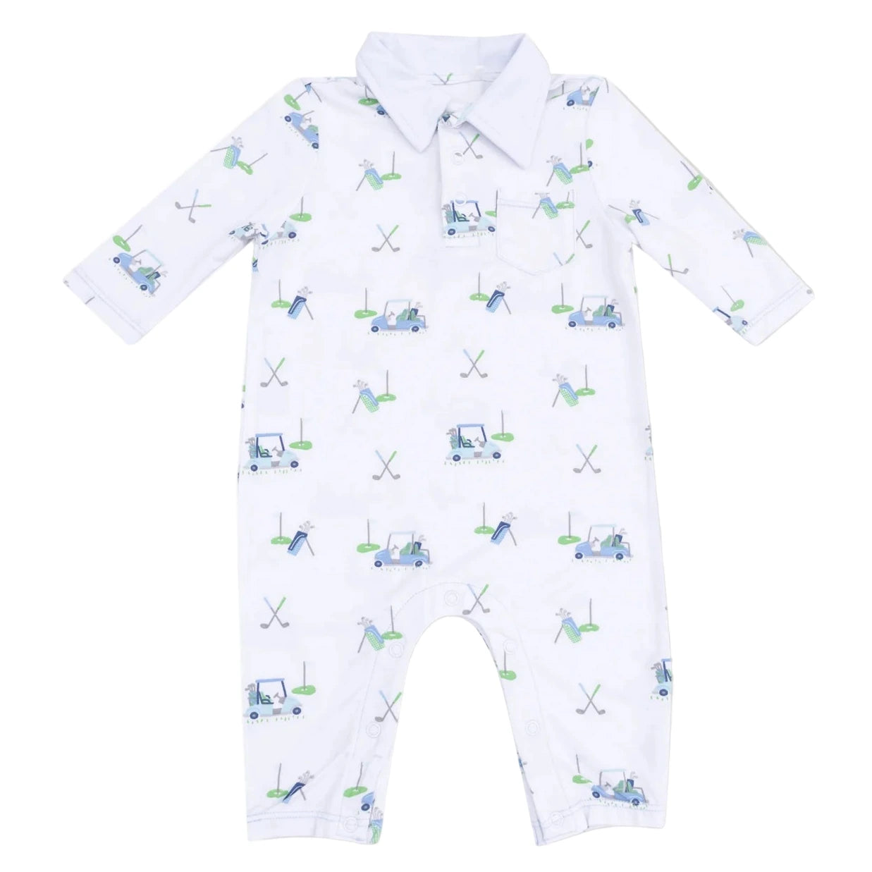 The Angel Dear Baby Boys' Polo Romper features long sleeves, a collar, and a playful blue and green golf-themed print for cozy comfort and sporty style.