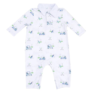 The Angel Dear Baby Boys' Polo Romper features long sleeves, a collar, and a playful blue and green golf-themed print for cozy comfort and sporty style.