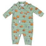 Angel Dear Baby Boy’s Polo Romper with long sleeves and a collar, featuring an all-over football-themed print with footballs, goal posts, and small robot mascots on a striped background.