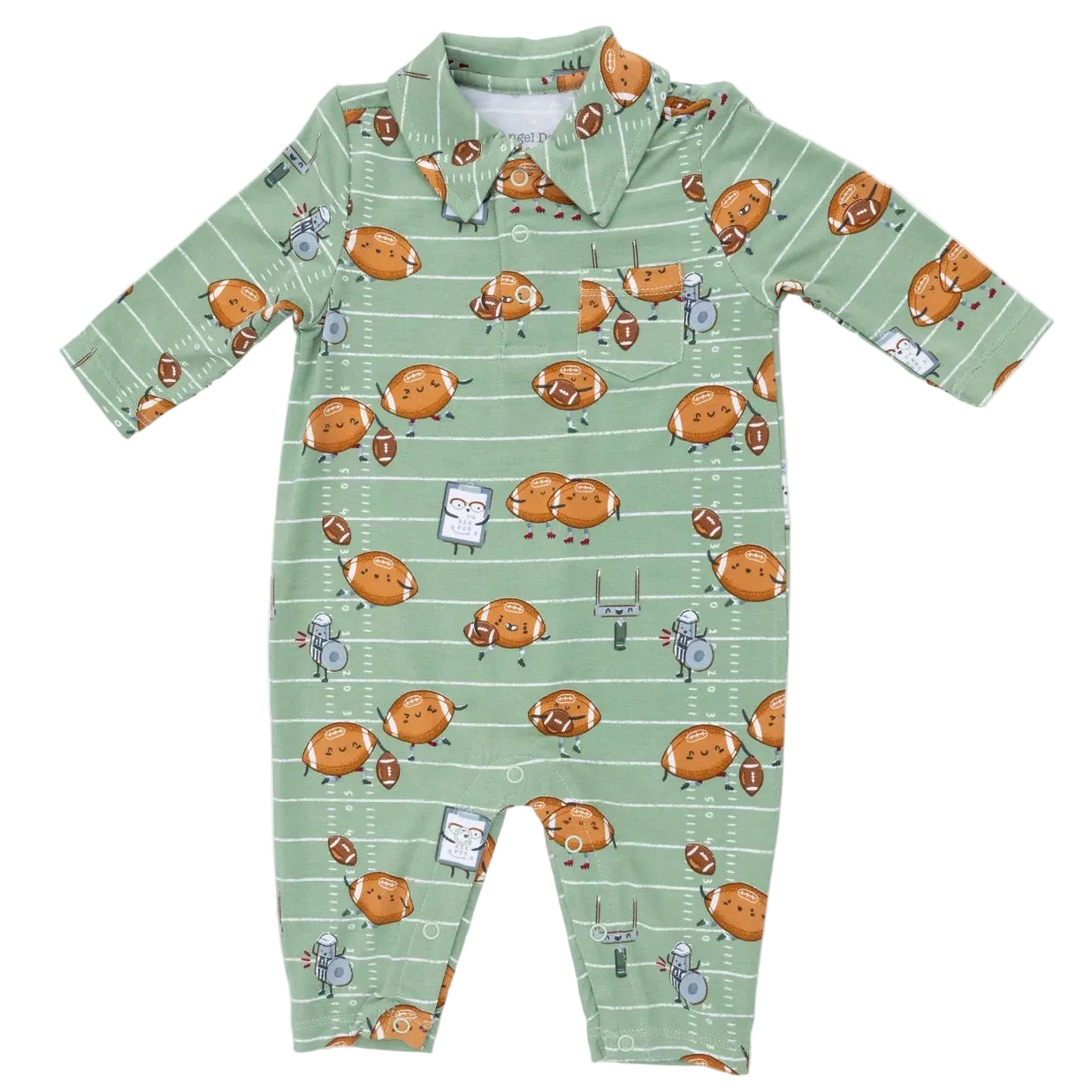 Angel Dear Baby Boy’s Polo Romper with long sleeves and a collar, featuring an all-over football-themed print with footballs, goal posts, and small robot mascots on a striped background.