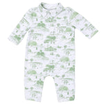 Angel Dear Baby Boy’s Polo Romper in white bamboo, adorned with a green scenic print of trees, houses, and people; features long sleeves, a classic collar, and easy front snap closures.