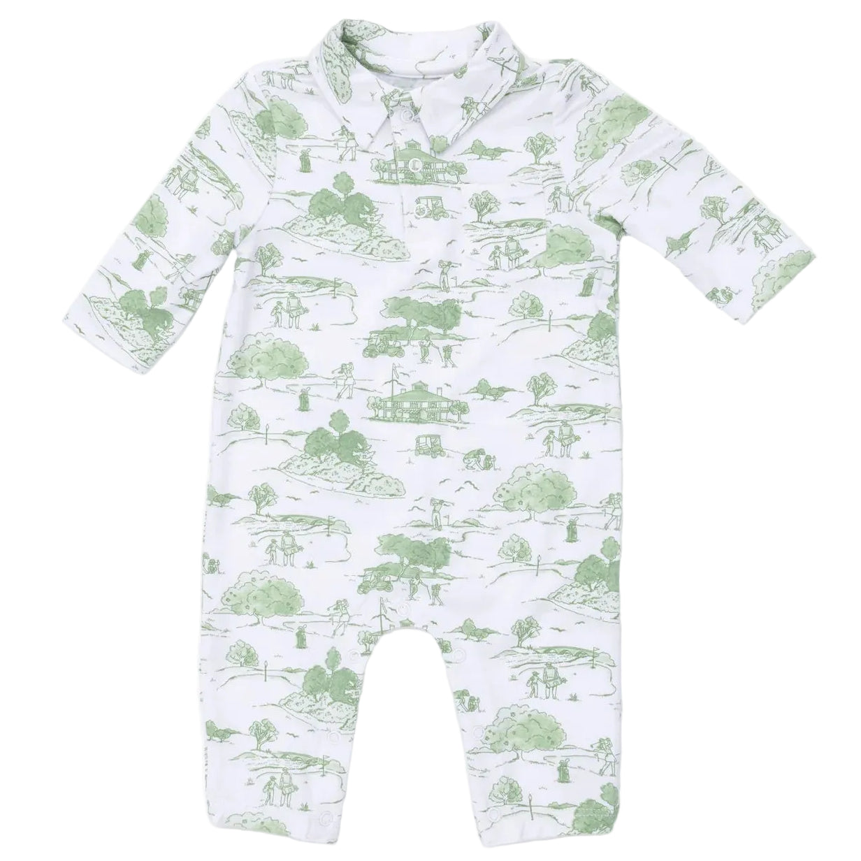 Angel Dear Baby Boy’s Polo Romper in white bamboo, adorned with a green scenic print of trees, houses, and people; features long sleeves, a classic collar, and easy front snap closures.