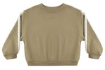 The Rylee & Cru Baby Girls’ and Girls’ Oversized Sweatshirt in light brown, featuring white lace trim along the sleeves, is displayed flat on a white background.