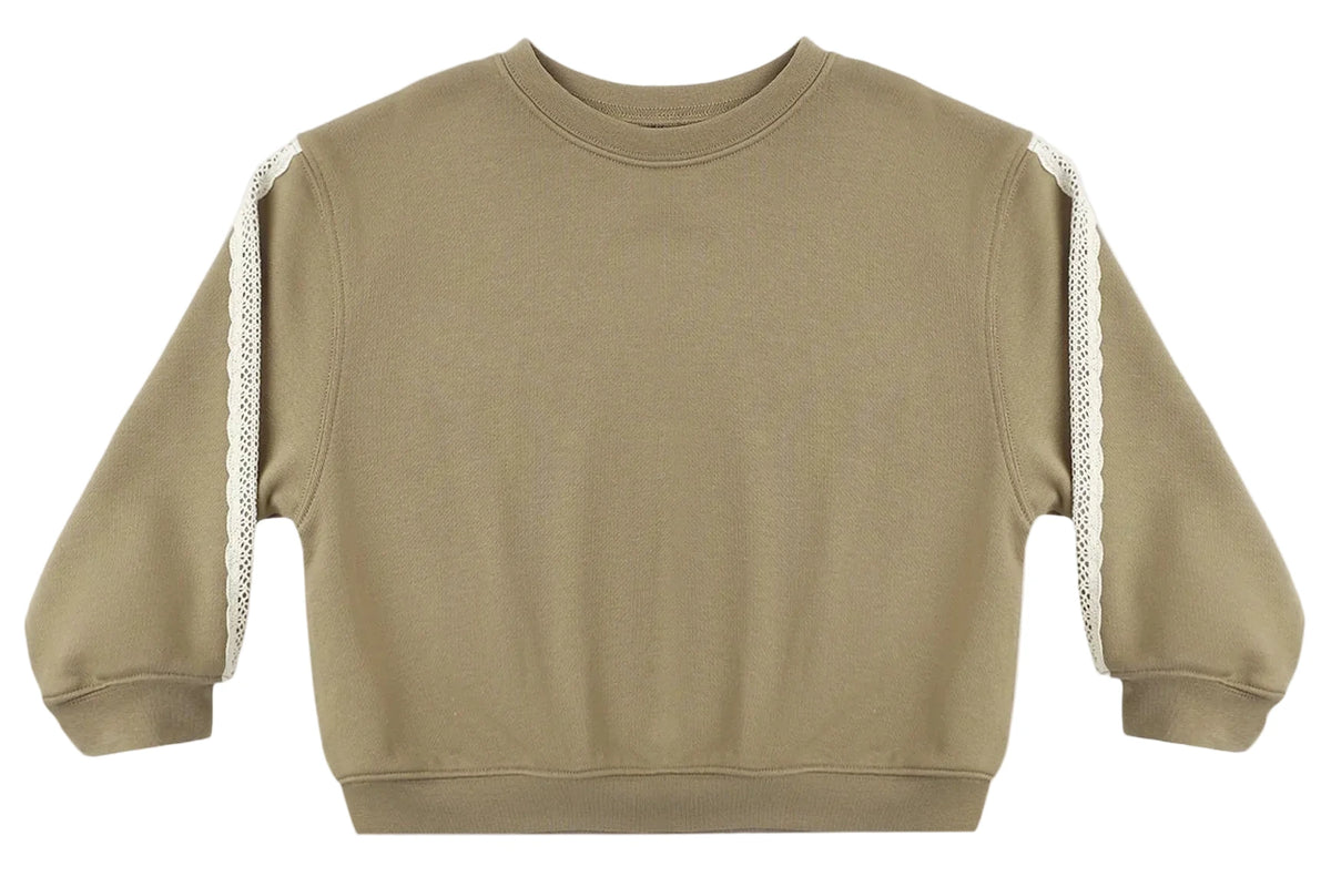 The Rylee & Cru Baby Girls’ and Girls’ Oversized Sweatshirt in light brown, featuring white lace trim along the sleeves, is displayed flat on a white background.