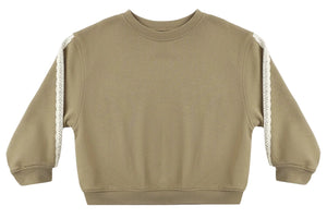 The Rylee & Cru Baby Girls’ and Girls’ Oversized Sweatshirt in light brown, featuring white lace trim along the sleeves, is displayed flat on a white background.