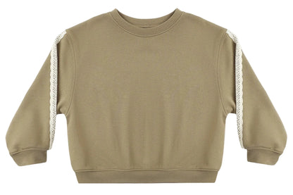 The Rylee & Cru Baby Girls’ and Girls’ Oversized Sweatshirt in light brown, featuring white lace trim along the sleeves, is displayed flat on a white background.
