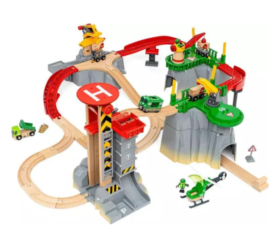 A reliable toy train set featuring the Cargo Mountain Set with a red train and a green train by Brio World..