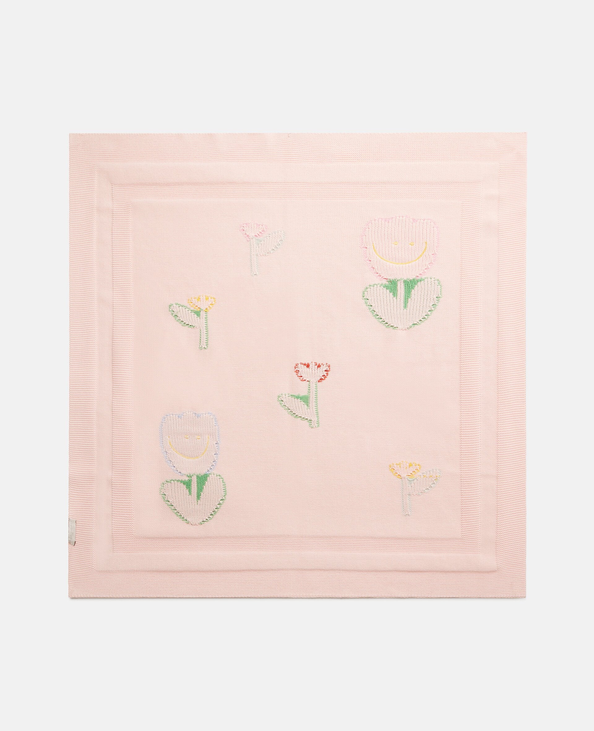 The Baby Knit Floral Blanket by Stella McCartney Kids is a light pink, square, lightweight blanket with embroidered pastel flowers in a simple center pattern.