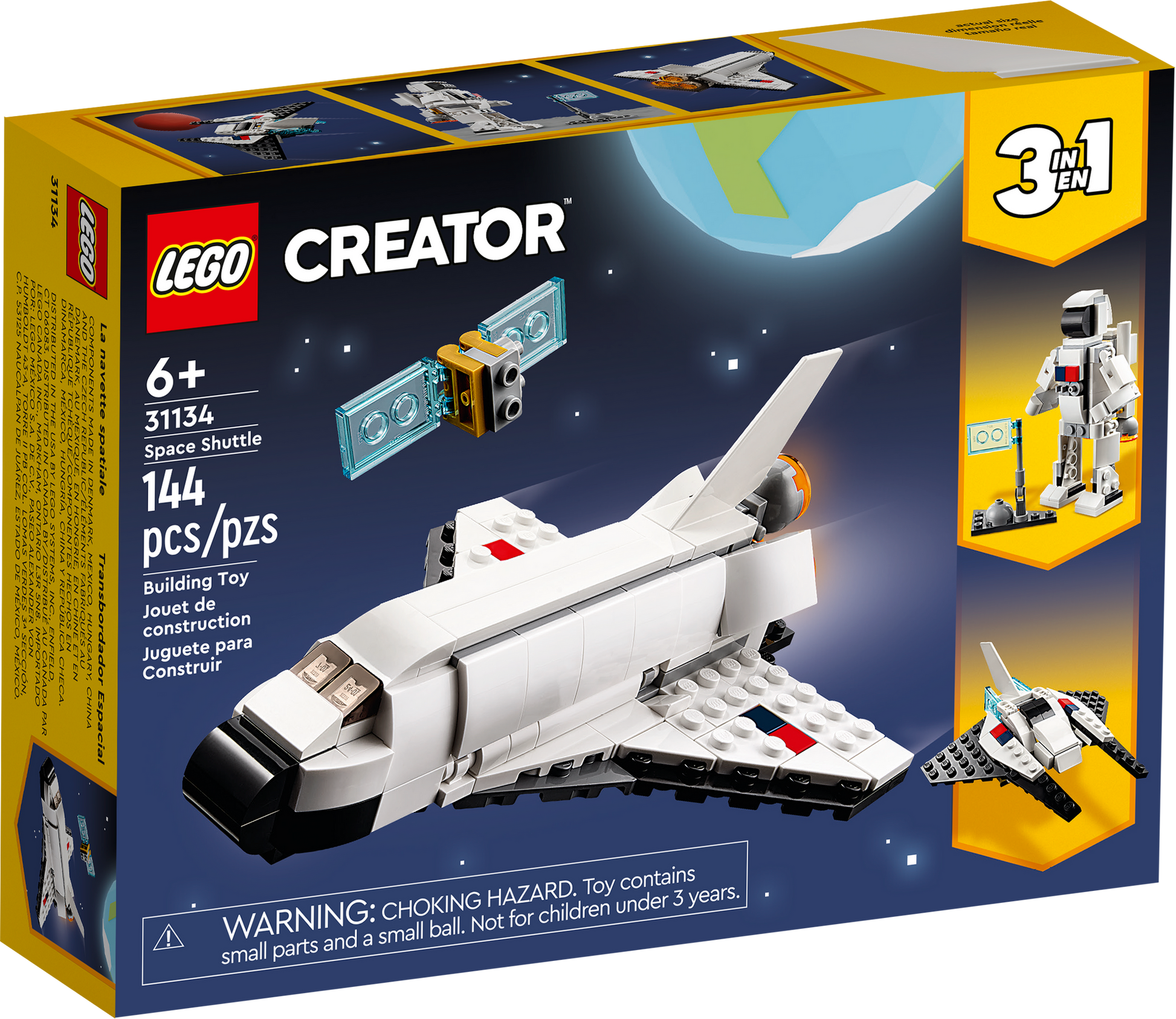 Box of LEGO® Creator Space Shuttle by Legos - Toyhouse featuring a LEGO Space Shuttle, astronaut, and satellite. The set is for ages 6+, includes 144 pieces, and promises intergalactic action with its versatile 3-in-1 build option.