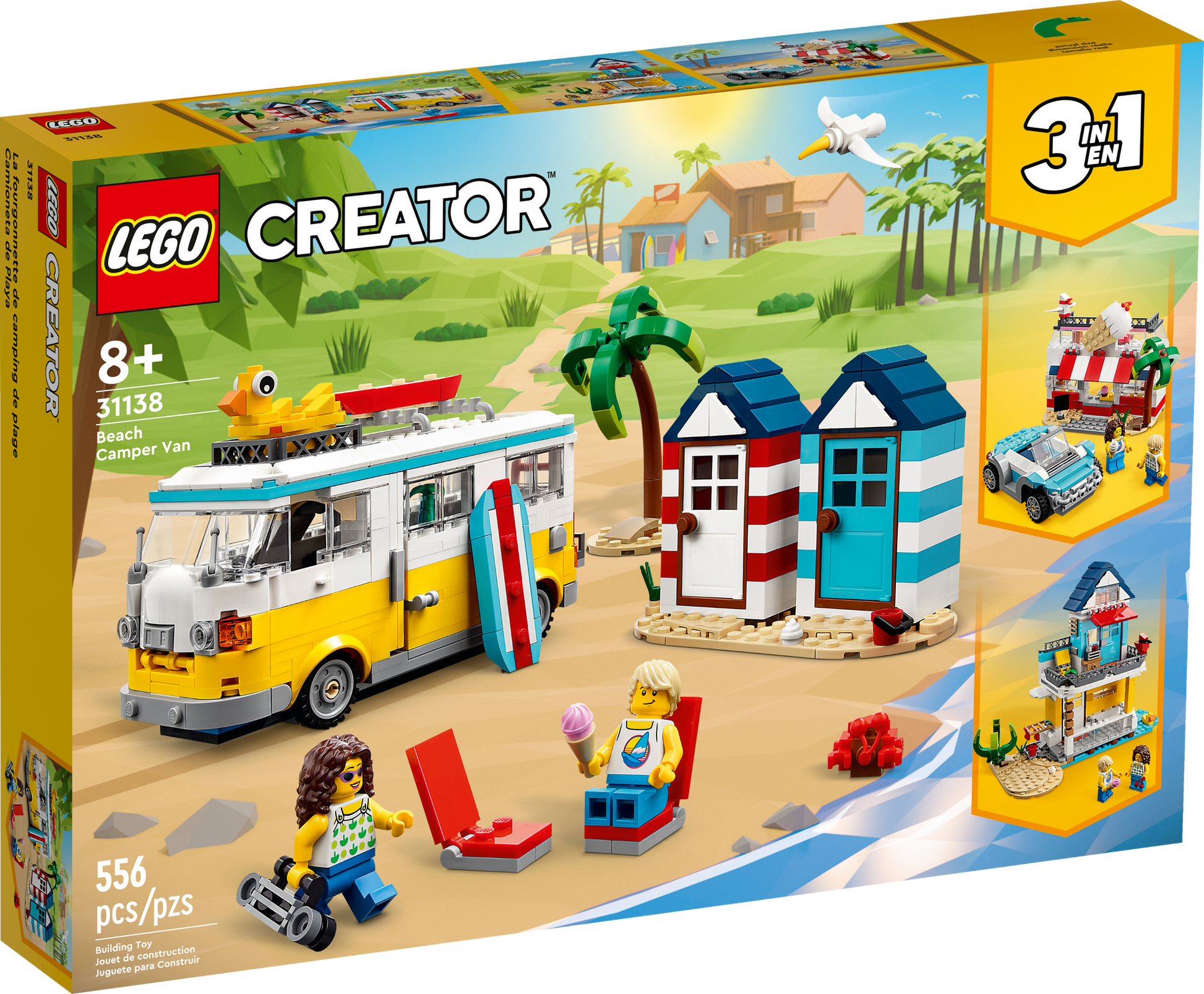 The Legos - Toyhouse LEGO® Creator Beach Camper Van set features build options including a camper van and two summerhouses, recommended for ages 8+, with 556 pieces.