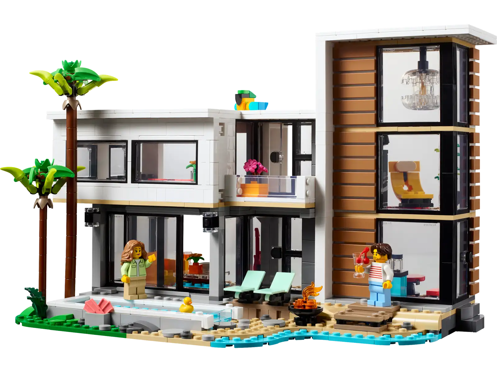 The LEGO® Creator Modern House by Legos - Toyhouse includes a stylish palm tree, sparkling pool, two cozy lounge chairs, and a charming fire pit. This set comes with two minifigures for imaginative play.