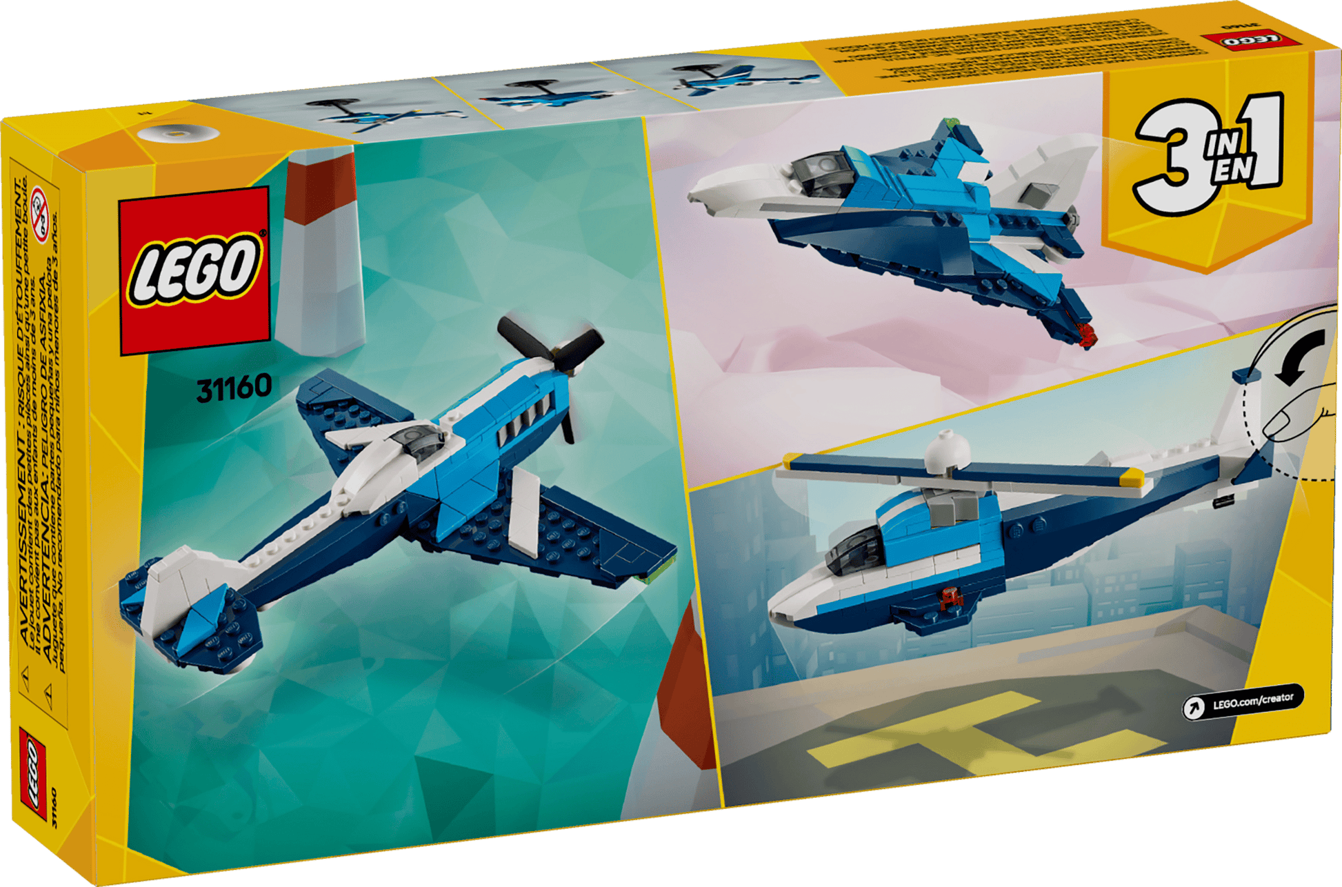 The Legos - Toyhouse LEGO® Creator 3-in-1 Creator Aircraft: Race Plane set lets young builders make a race plane, jet, or helicopter—shown on the box with detailed packaging for creative aircraft adventures.