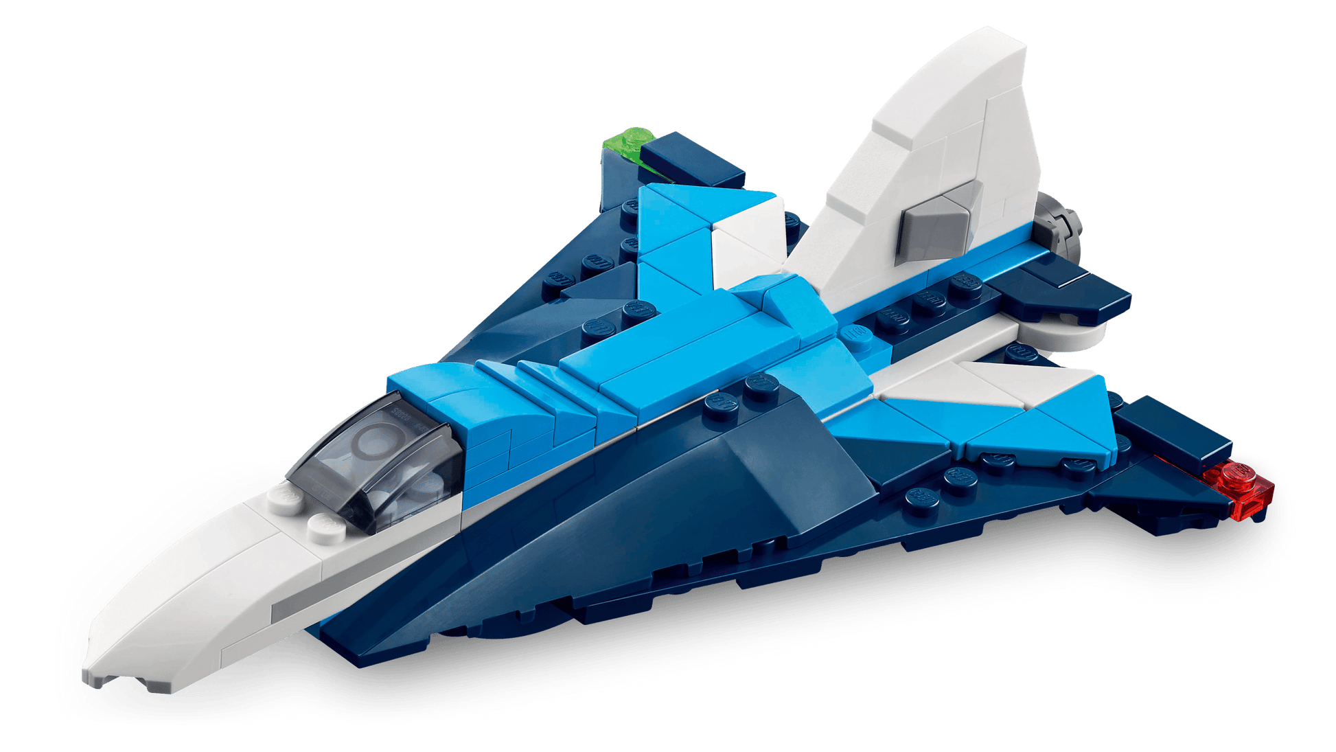 The Legos - Toyhouse LEGO® Creator 3-in-1 Creator Aircraft: Race Plane is a small jet model in blue, white, and gray, with a clear cockpit and colored lights on its rear tips, built from interlocking plastic bricks.