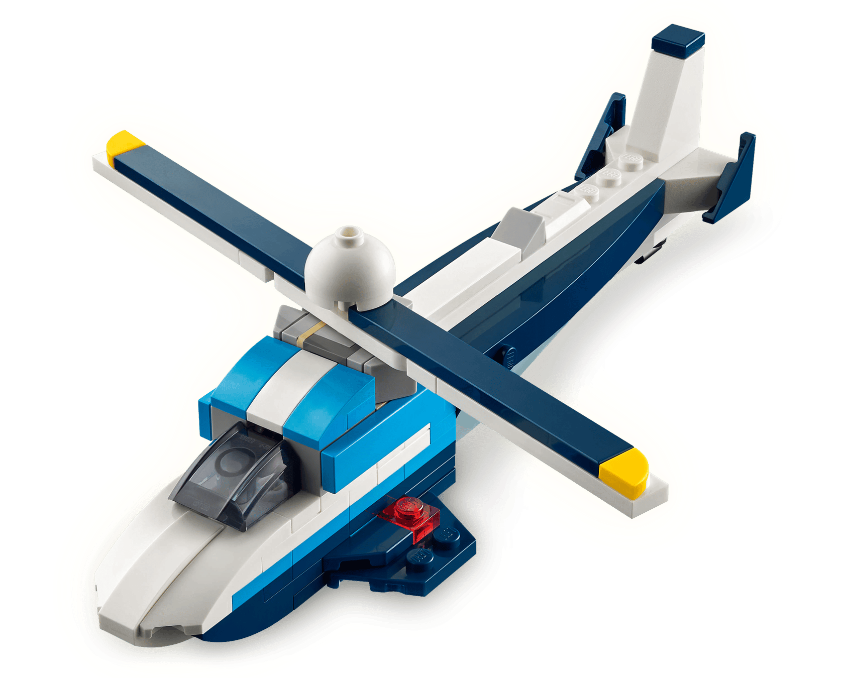 The Legos - Toyhouse LEGO® Creator 3-in-1 Creator Aircraft: Race Plane features a blue, white, and yellow plane model with spinning rotors, cockpit, and detailed tail, displayed on a plain white background.