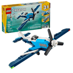 LEGO® Creator 3-in-1 Creator Aircraft: Race Plane by Legos - Toyhouse comes with box and a built blue-and-white propeller race plane model. Ideal for ages 7+, this set includes 145 pieces.
