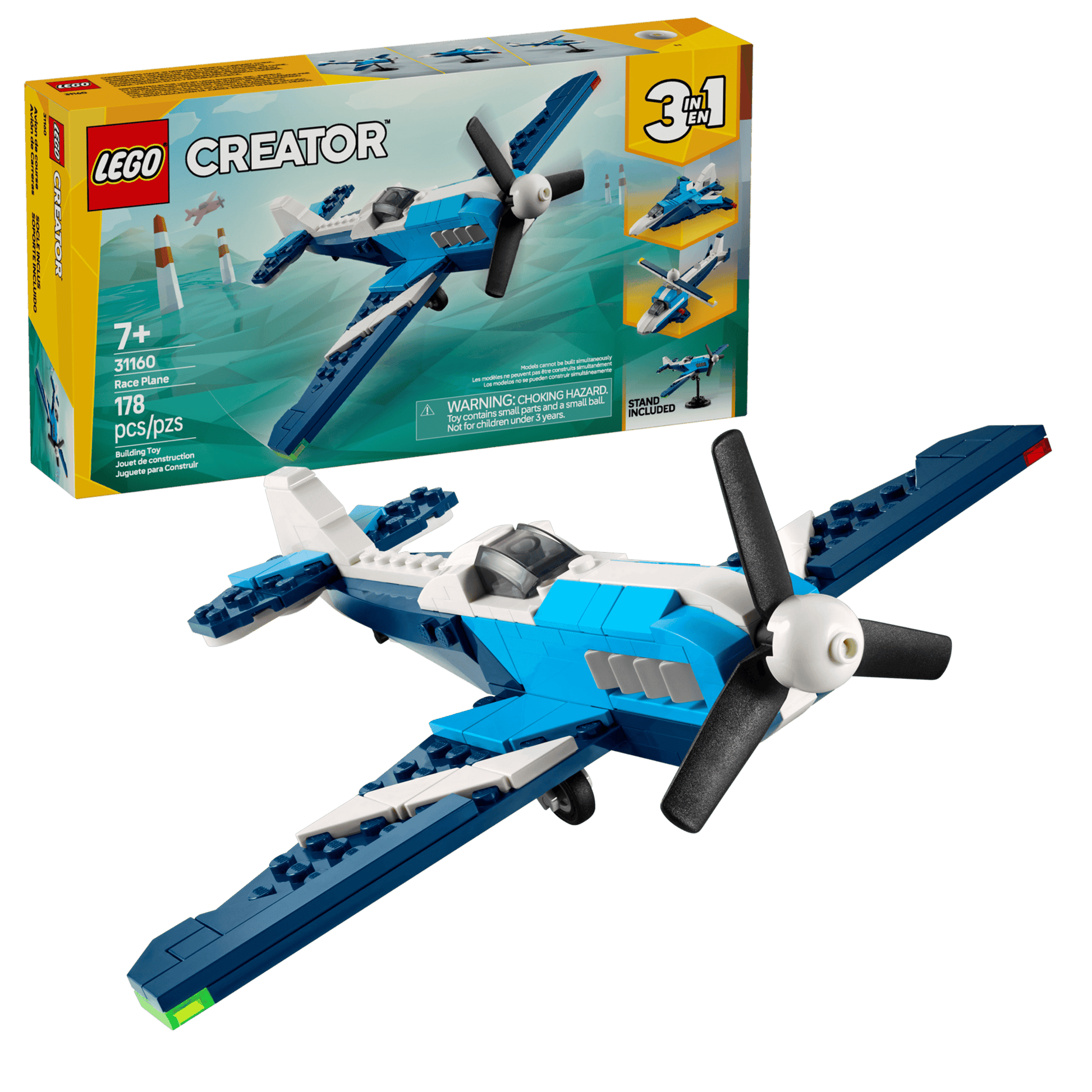 LEGO® Creator 3-in-1 Creator Aircraft: Race Plane by Legos - Toyhouse comes with box and a built blue-and-white propeller race plane model. Ideal for ages 7+, this set includes 145 pieces.
