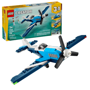 LEGO® Creator 3-in-1 Creator Aircraft: Race Plane by Legos - Toyhouse comes with box and a built blue-and-white propeller race plane model. Ideal for ages 7+, this set includes 145 pieces.