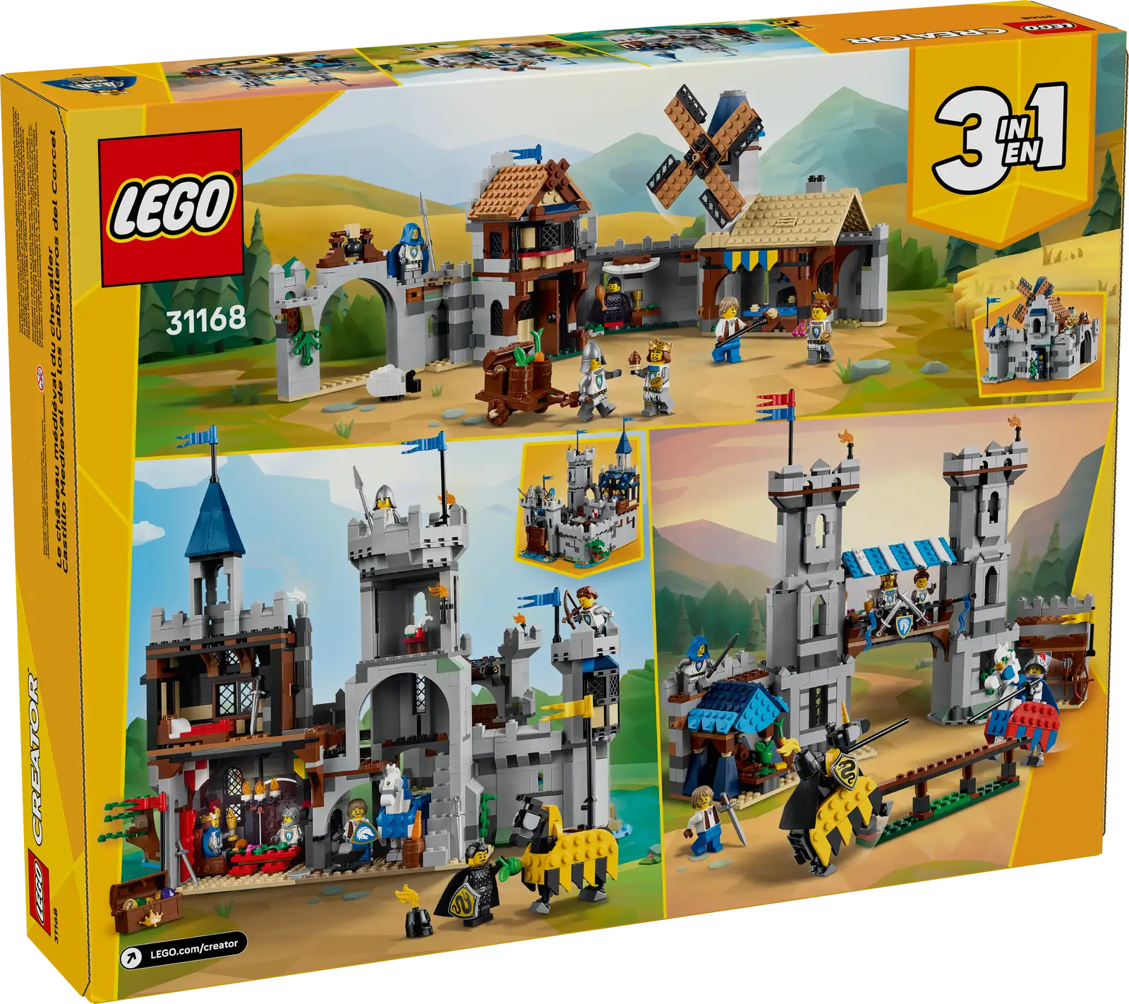 The Legos - Toyhouse LEGO® Creator™ 3-in-1 Medieval Horse Knight Castle set features build options including a castle with a village scene, an imposing gatehouse, and more, plus minifigures and accessories.