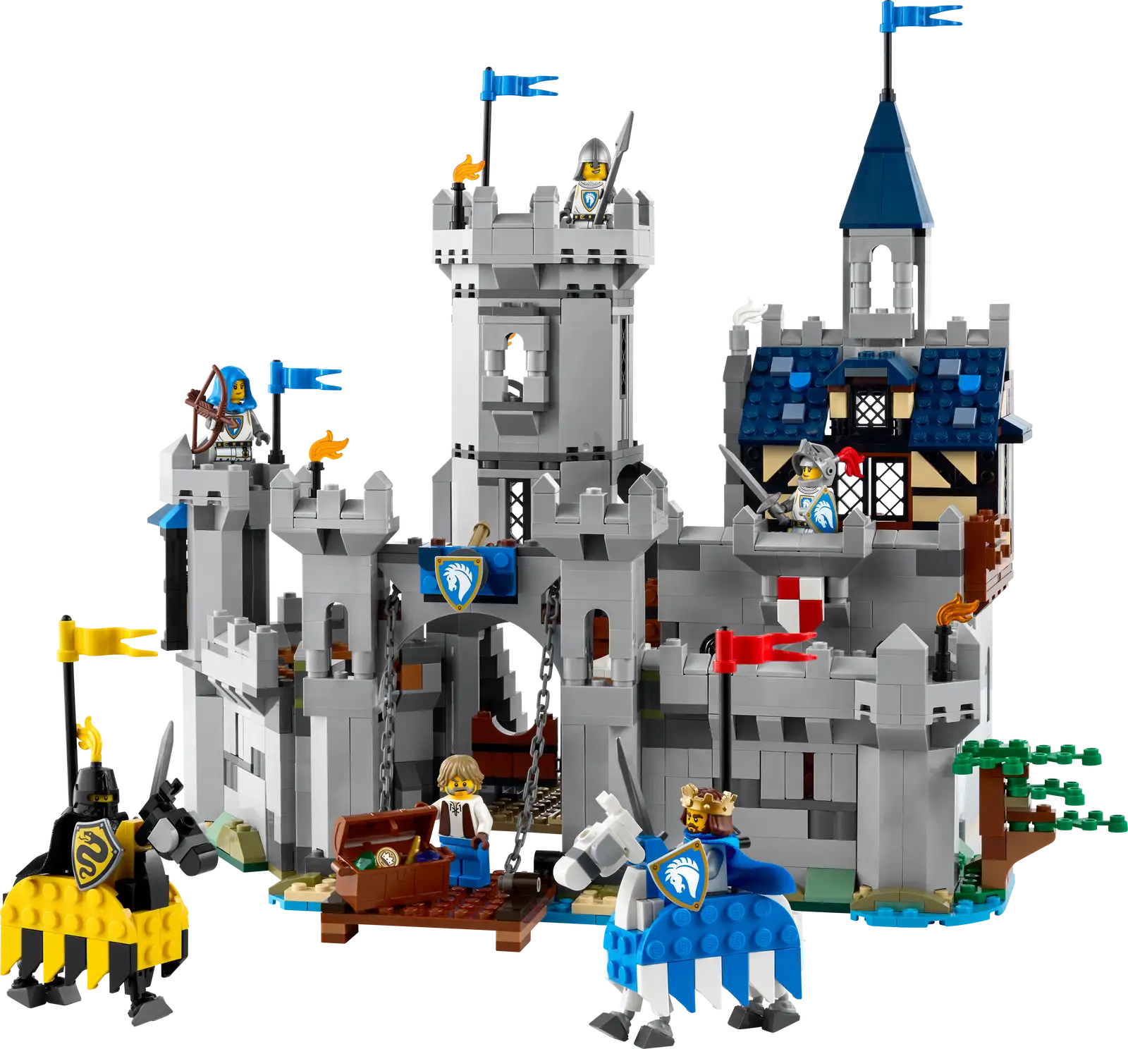 The LEGO® Creator™ 3-in-1 Medieval Horse Knight Castle by Legos - Toyhouse features knights on horses, two towers with flags, a drawbridge, guards, and a treasure chest—ideal for epic medieval castle play.