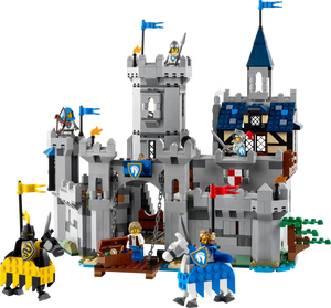 The LEGO® Creator™ 3-in-1 Medieval Horse Knight Castle by Legos - Toyhouse features knights on horses, two towers with flags, a drawbridge, guards, and a treasure chest—ideal for epic medieval castle play.