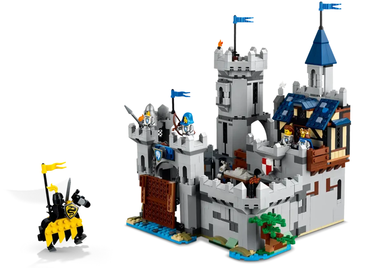 The Legos - Toyhouse LEGO® Creator™ 3-in-1 Medieval Horse Knight Castle features knights, a fortress, a horse with a yellow flag, and blue tower flags—perfect for creative medieval adventures.